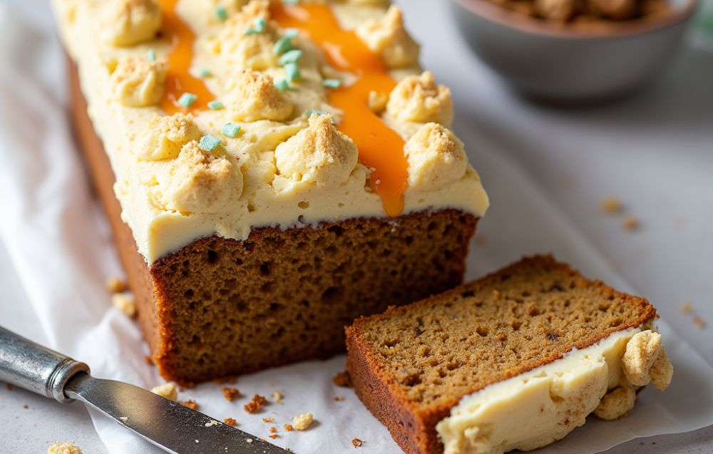 Homemade gluten-free carrot cake on a cake stand, garnished with chopped walnuts.